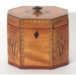 Sheraton style satinwood tea caddy of octagonal form, the interior with single compartment, inlaid