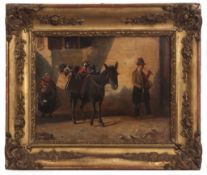 F BONING (19TH CENTURY) Street scene with musician, donkey and monkeys oil on canvas, signed and