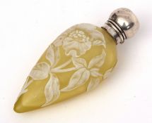 Late 19th century white metal mounted cameo glass scent bottle, the inverted tear shaped yellow body