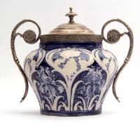 Late 19th century James McIntyre biscuit barrel designed by William Moorcroft with plated mounts and