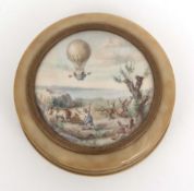 French composite snuff box of circular form with pull off cover inset with a painted miniature
