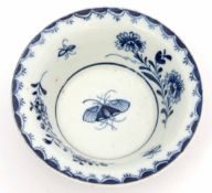 Lowestoft patty pan circa 1765, decorated in underglaze blue with a butterfly to the centre