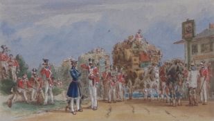 ENGLISH SCHOOL (19TH CENTURY) Soldiers before an Inn pen, ink and watercolour 10 x 16cms