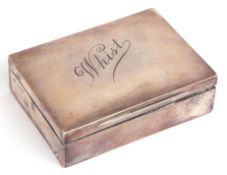 Late Victorian silver "Whist" case of polished hinged rectangular form with engraved cover to a blue