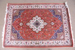 Fine quality modern Oriental silk rug, triple gull border, central floral panel with all-over flower