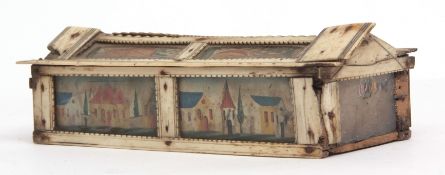 18th century Prisoner of War type bone casket of shaped rectangular form, the sliding cover set with