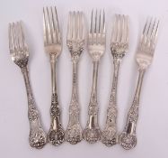 Three + three William IV Queen's pattern dinner forks with Honeysuckle heels, length 21cm,