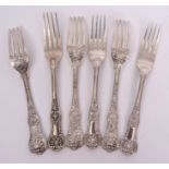 Three + three William IV Queen's pattern dinner forks with Honeysuckle heels, length 21cm,