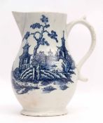 Large Lowestoft jug decorated in underglaze blue with a print of pagodas and a man on a bridge