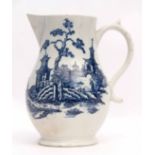 Large Lowestoft jug decorated in underglaze blue with a print of pagodas and a man on a bridge