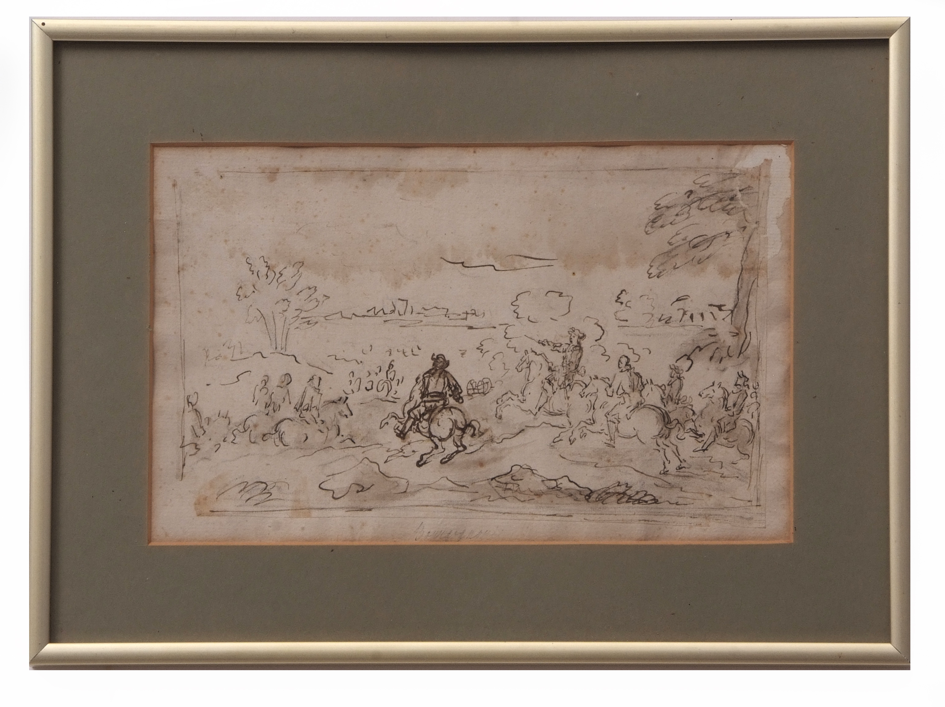 ATTRIBUTED TO FRANCESCO SIMONINI (1686-circa 1755) Landscape with figures on horseback pen and ink - Image 2 of 2
