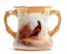 Early Royal Worcester vase with loop handles, the floral body decorated with a pheasant in a