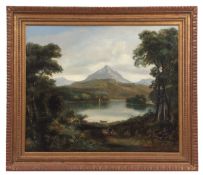 ENGLISH SCHOOL (19TH/20TH CENTURY) Figures by a Scottish mountain lake oil on panel, indistinctly