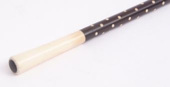 Early 20th century snakewood (?) and ivory walking cane, the plain tapering ivory handle to a
