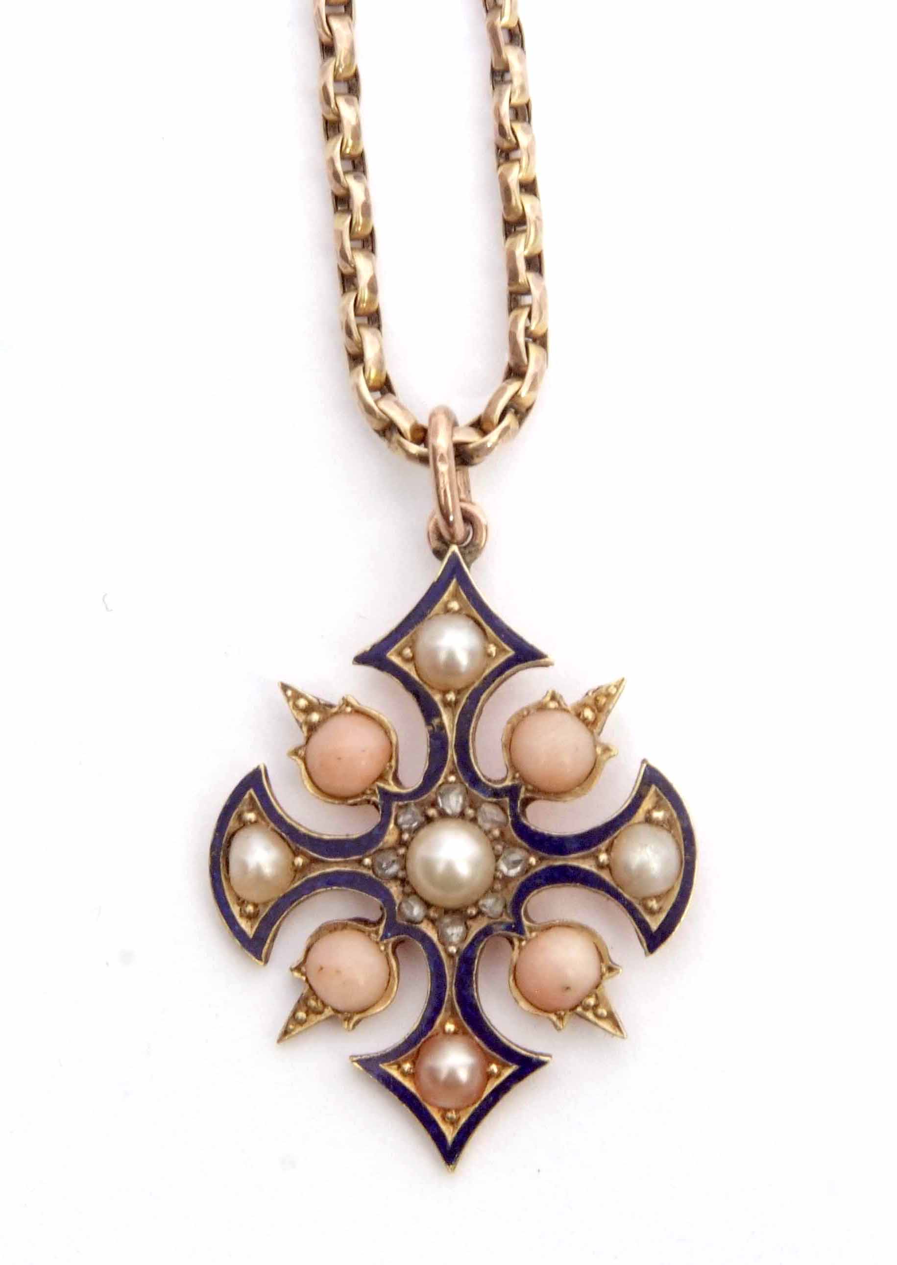 Antique blue enamel, pearl, coral and diamond set cross pendant featuring a central pearl surrounded - Image 6 of 7