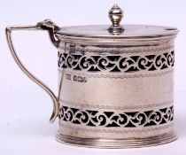 Victorian drum mustard with hinged cover and cast and applied finial to a pierced and banded body