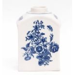 Lowestoft tea caddy decorated with prints of floral sprays after Worcester, 10cm high