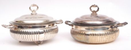 Two various electro-plated tureens, each of circular form with gadroon bodies, pull off covers and