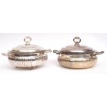 Two various electro-plated tureens, each of circular form with gadroon bodies, pull off covers and