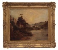 ATTRIBUTED TO JOHN LINNELL (1792-1882) Lakeland scene with figure in a punt oil on canvas 60 x 73cms