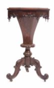 19th century rosewood pedestal work table of octagonal form, lifting lid enclosing a fitted interior