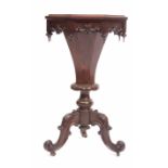 19th century rosewood pedestal work table of octagonal form, lifting lid enclosing a fitted interior