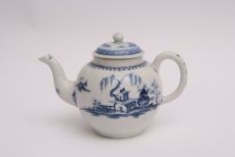 Lowestoft blue and white teapot with berry border above river island scene, Mark 3, (short body