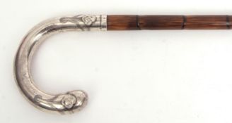 Early 20th century Continental silver handled bamboo walking stick, the crook shaped handle with