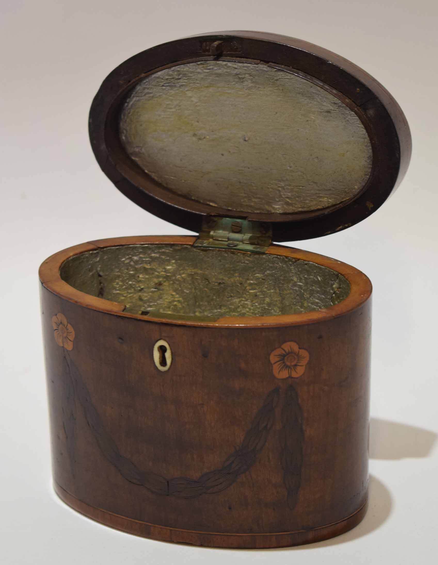 Regency mahogany boxwood and kingwood inlaid tea caddy, of oval form with hinged cover and ring - Image 2 of 2