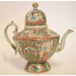 19th century Chinese porcelain Cantonese tea pot and cover, decorated in polychrome with Chinese