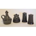 Cruet set and vinegar bottle with stopper, all in Studio Pottery with an impressed Y for the Yelland