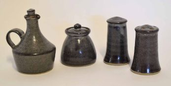 Cruet set and vinegar bottle with stopper, all in Studio Pottery with an impressed Y for the Yelland