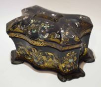 Late 19th century papier mache tea caddy of serpentine form with hinged cover (hinges detached), and