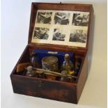 Vintage cased French polisher's workbox, compartmentalised interior containing an assortment of