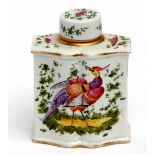 Continental porcelain caddy and cover with Worcester style exotic bird decoration, 12cms high
