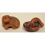 Group of two wooden netsuke or toggles, one modelled as a dog, the other as a mouse on a mushroom