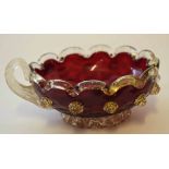 Cranberry coloured Murano glass bowl with scalloped rim, the rim picked out with gold flecks and