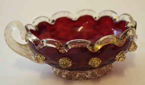 Cranberry coloured Murano glass bowl with scalloped rim, the rim picked out with gold flecks and