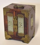 Chinese wooden jewellery box with brass mounts and handle and two reticulated inlaid jadeite panels,