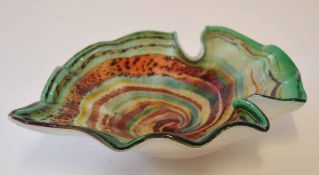 Art glass bowl with swirling green and brown design, 17cm diam