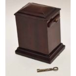 Early 20th century mahogany money box, the plinth shaped case with moulded top and overhanging