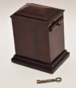Early 20th century mahogany money box, the plinth shaped case with moulded top and overhanging