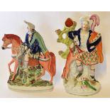 Two Staffordshire figures of Scottish characters, one on horseback, the other modelled as a spill