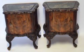 Pair of unusual marble topped small side cabinets, cabriole legs and hoof feet, 56cm wide