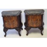 Pair of unusual marble topped small side cabinets, cabriole legs and hoof feet, 56cm wide