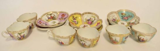 Group of Continental porcelain Dresden cups and saucers decorated in Meissen style, comprising six