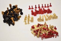 Mixed Lot: three various incomplete chess sets, two of natural and stained red bone construction,