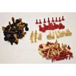 Mixed Lot: three various incomplete chess sets, two of natural and stained red bone construction,
