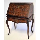 European rosewood simulated and inlaid bureau with fall front on cabriole supports, 73cm wide