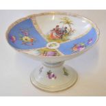 Dresden style tazza decorated with alternating panels of a lady and gentleman with floral design